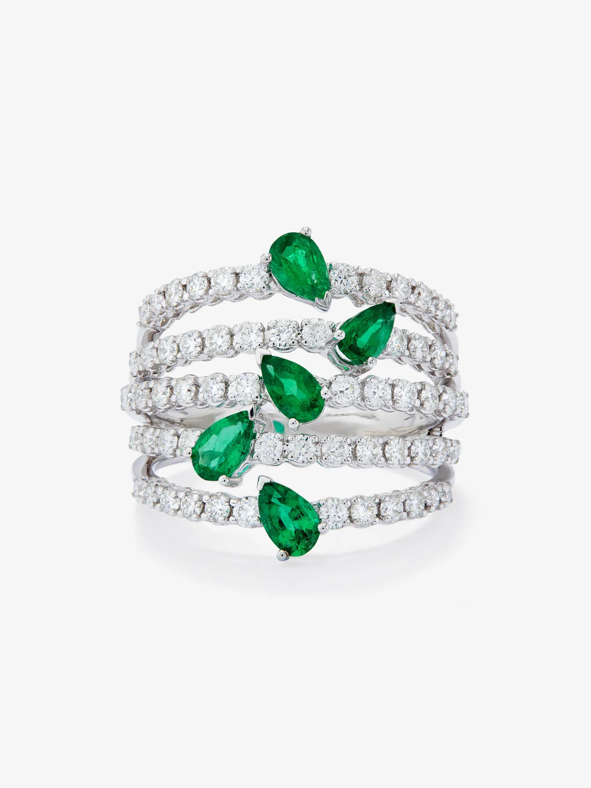 Anillo de oro blanco de 18K con 60 diamantes en talla brillante de con un total 1,02 cts y 5 esmeraldas verdes en talla pera con un total de 0,92 cts - Image 3