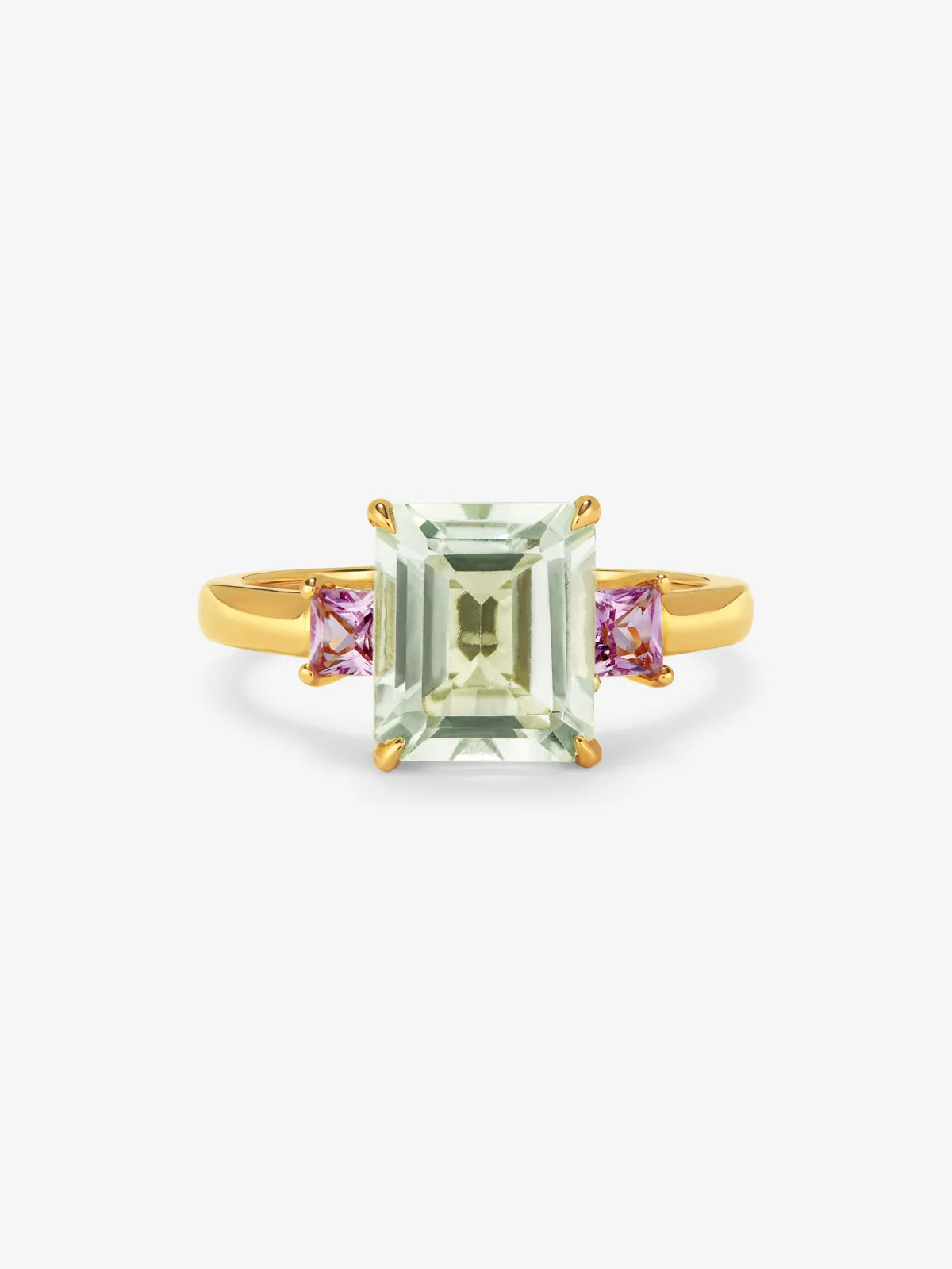 Anillo tresillo de oro amarillo de 18K con amatista verde en talla esmeralda de 2,53 cts y 2 zafiros rosas en talla princesa con un total de 0,41 cts - Image 3